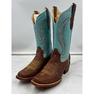 McAllen Boots Womens Sz 7.5 Brown Turquoise Leather Square Toe Western Cowboy